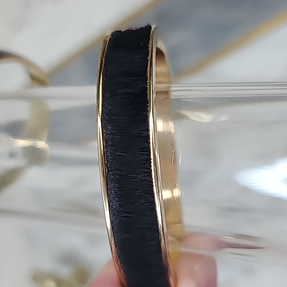 J Crew Gold Plated Enamel Bangle & Hinged Calf Hair Bracelet in Black & Gold - Picture 8 of 16